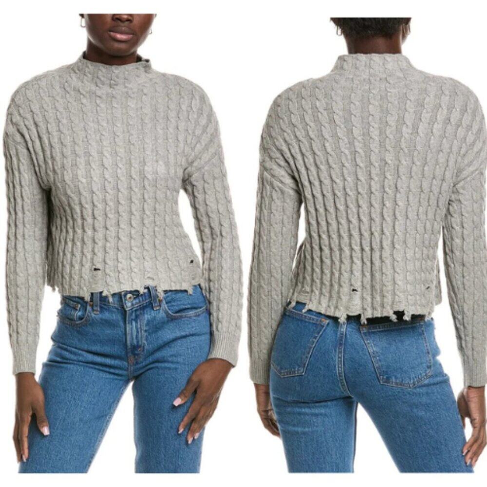 Truth by Republic Women's Cable Knit Distressed Sweater in Gray
